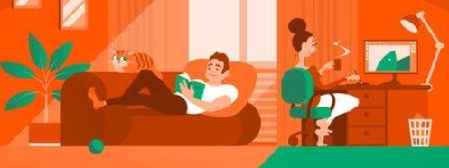 Image of an adult couple, one on the sofa reading and one at a desk using a computer