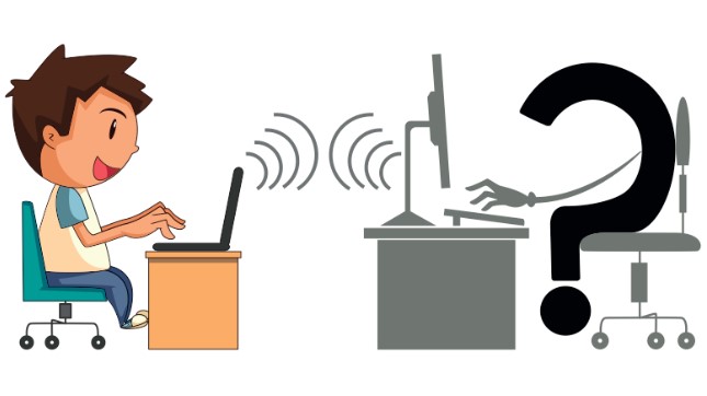 Image of a child typing on a laptop, which is communicating with another laptop, behind which is a person represented by a question mark